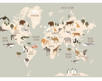 World Map Wall mural Kids Wallpaper, Animals, Woodland, Nursery Bear Deer Fox  Self Adhesive Wall Decor Non-woven