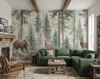 Forest  Wall Mural, Bear and Deer in Pine Forest, Children's Room Mural, Vintage Landscape, Peel and Stick Woodland Mural