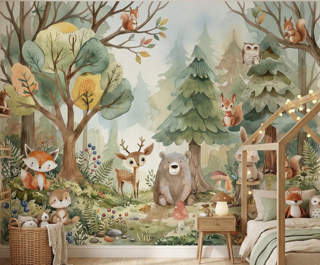Woodland Animals Wallpaper - Peel and Stick Nursery Mural Forest Trees ...