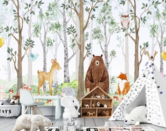 Wall mural Kids Wallpaper, Animals, Woodland, Nursery Bear Deer Fox  Peel and Stick Self Adhesive Wall Decor Mural, Murals watercolor Poster