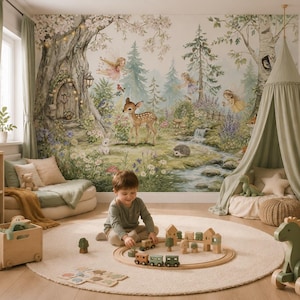May include: A child plays with wooden toys on a round rug in a room with a forest mural. The toys include a train set, building blocks, and a green dinosaur ride-on toy. The room has a canopy bed and a bookshelf.