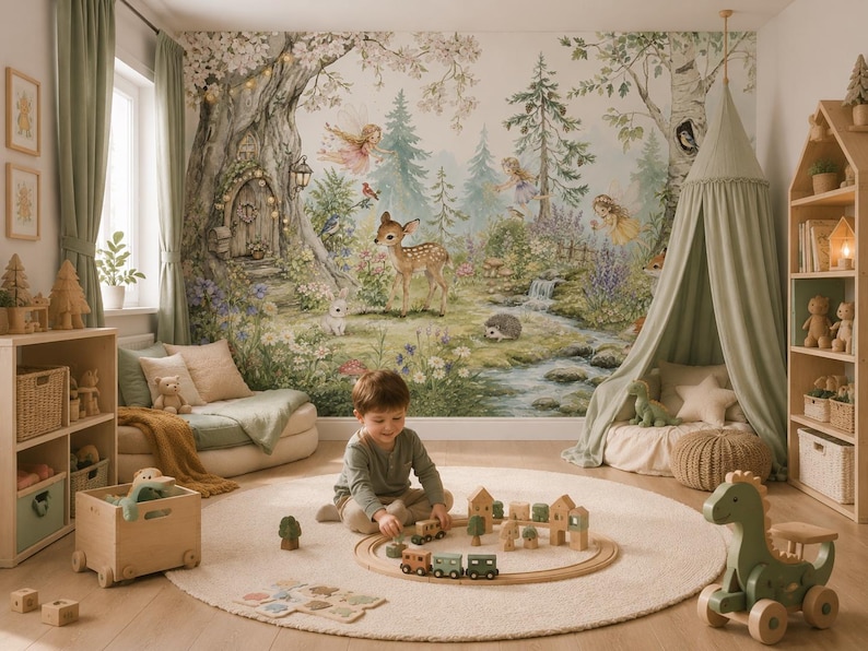 May include: A child plays with wooden toys on a round rug in a room with a forest mural. The toys include a train set, building blocks, and a green dinosaur ride-on toy. The room has a canopy bed and a bookshelf.