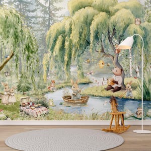 Carta da parati per bambini con coniglietto, animali della foresta, arte murale, acquerello, pini, animali selvatici, stacca e attacca, decorazione per la stanza dei bambini