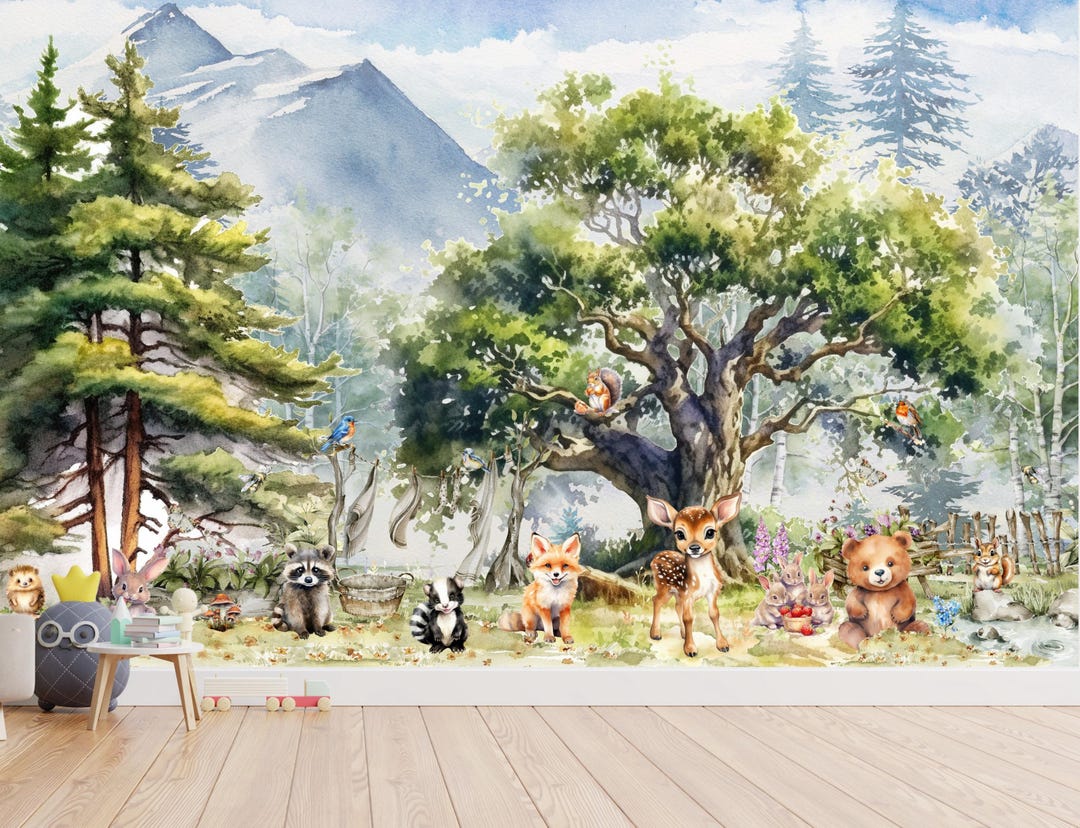 Wall Mural Kids Wallpaper Mountain Nursery Woodland Animals Forest Wall ...