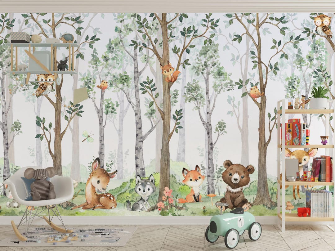 Woodland Animals Wallpaper: Peel and Stick Forest Wall Mural - Etsy ...