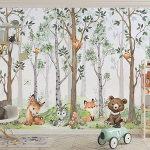Papier peint animaux des bois, papier peint autocollant, décoration murale auto-adhésive pour enfants, sticker forêt décoration murale, papier peint forêt pour chambre d'enfant