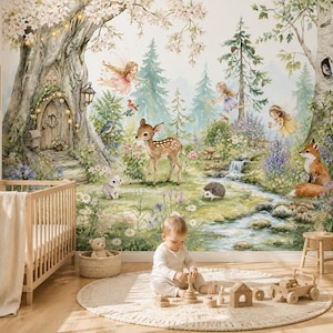 May include: A whimsical nursery scene featuring a detailed mural of a forest with fairies, a deer, and a fox. A wooden crib and a baby playing with wooden toys are in the foreground. The room is decorated in soft, natural tones.