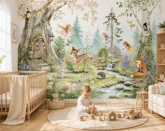 Carta da parati con tema bosco fatato, murale con foresta incantata, cervo e volpe, decorazione personalizzata per la cameretta dei bambini.