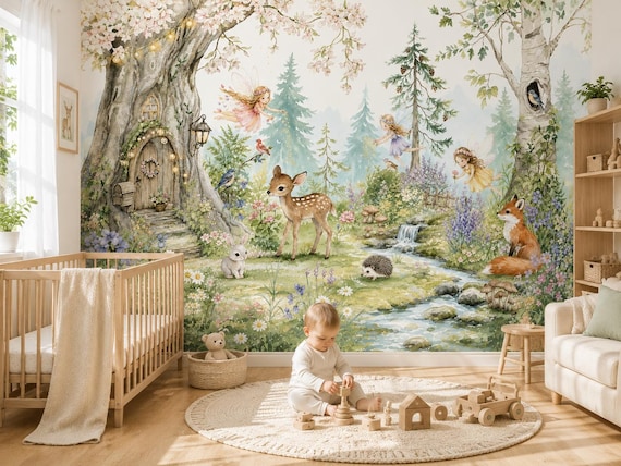 Fairy Woodland Wallpaper Enchanted Forest Mural Deer Fox Nursery Decor Custom Kids Room
