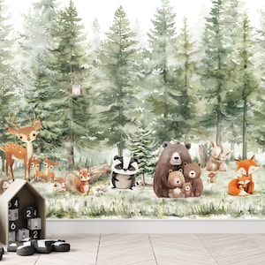 Wallpaper animals Woodland trees Peel and Stick Kids Wall Mural Self Adhesive, Nursery Mountain Forest DecalWall Child Room Forest Wallpaper