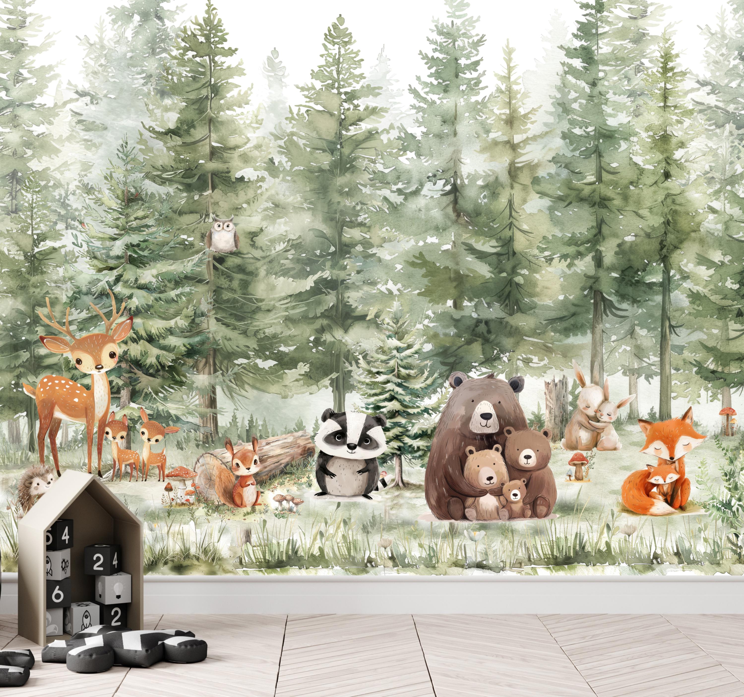 Wallpaper Animals Woodland Trees Peel and Stick Kids Wall Mural Self ...
