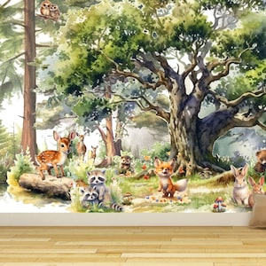 Carta da parati con animali e alberi, staccabile e attaccabile, murale autoadesivo per bambini, decorazione per cameretta con montagne e foreste, decalcomania da parete per bambini, carta da parati con foresta.