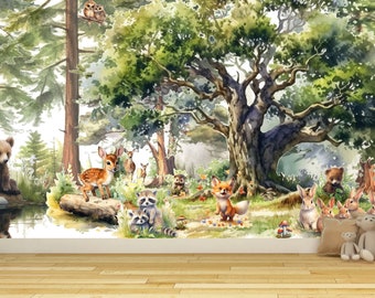 Wallpaper kids room, Forest animals,  Children's photo wallpaper, Wall mural Forest Tailor-made Peel and stick Woodland Trees