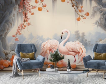 Tapete Flamingo Selbstklebende Palmen und Blätter florales Vintage Retro Barock Wandbild botanisches Wanddekor Wohnzimmer
