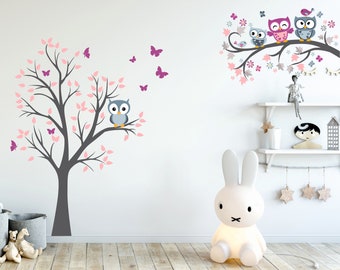 Stickers muraux Hiboux, arbre, animaux, papillons, décalcomanie murale, filles, garçons, décoration de chambre d'enfant, forêt