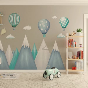 Sticker mural enfant montagnes, montgolfières, garçons, montagne, nuages, ballons, décoration de chambre de filles, art mural image 2