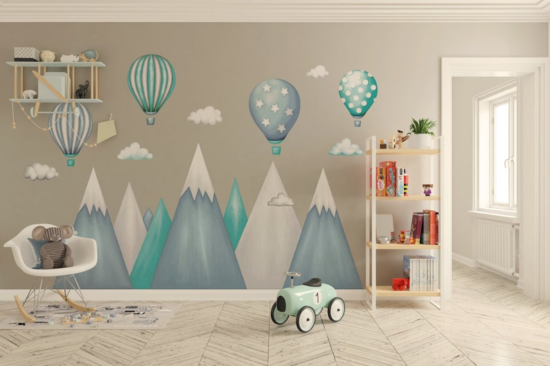 Sticker mural enfant montagnes, montgolfières, garçons, montagne, nuages, ballons, décoration de chambre de filles, art mural image 2