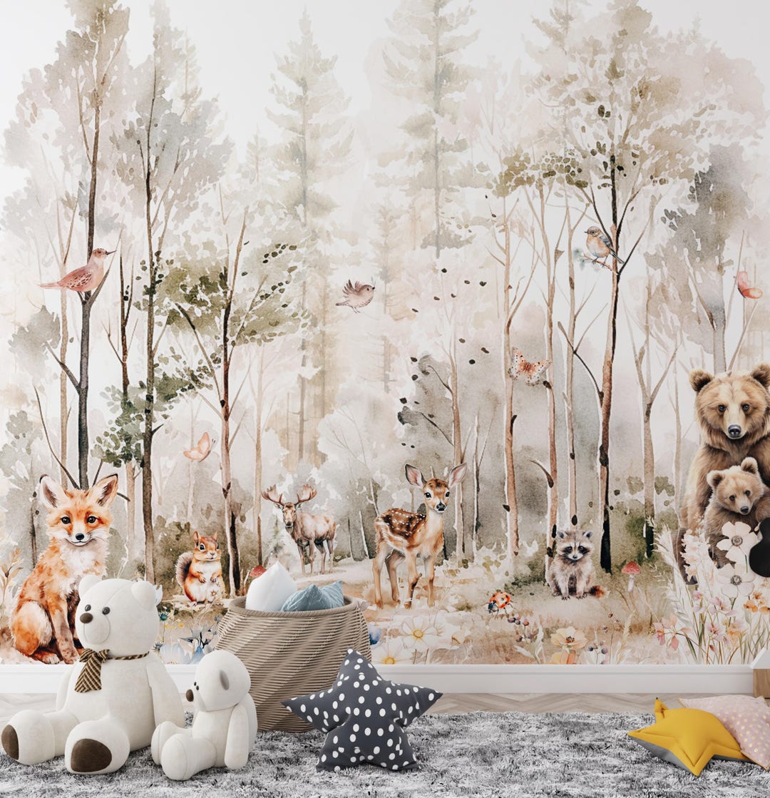 Wallpaper Animals Woodland Trees, Peel and Stick, Kids Wall Mural Self ...