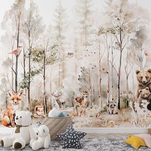 Papier peint animaux, arbres des bois, papier peint autocollant, décoration murale enfant auto-adhésive, décalcomanie pour chambre d'enfant, décoration de montagne, papier peint forêt