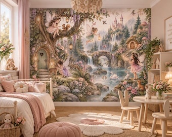 Fairies Enchanted Forest Wall Mural Magical Tree House Peel and Stick Wallpaper Girls Room