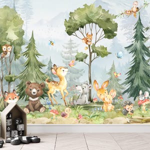 Wallpaper animals Woodland Peel and Stick, Kids Wall Mural Self Adhesive, Mountain Decor Forest DecalWall Child Room Forest Wallpaper