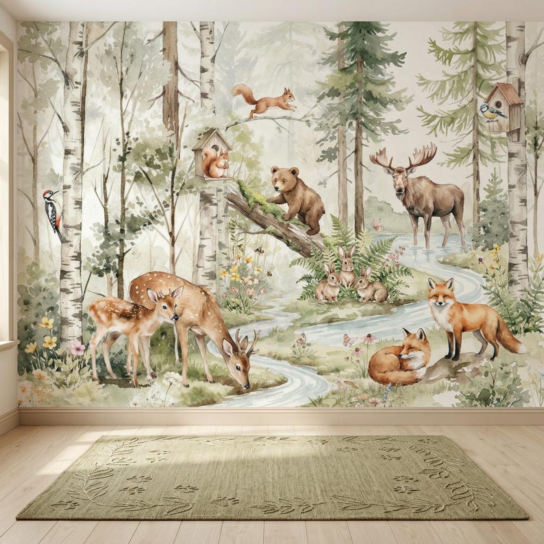 Woodland Animals Wallpaper - Peel and Stick Nursery Mural | Forest ...
