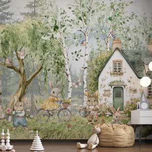 Forest bunnies hares Nursery Wallpaper Wall Art Watercolor Pine Tree Animals Peel and Stick Kids Room Decor rabbits hares in the meadow