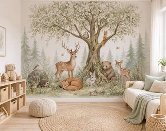 Woodland Animals Wallpaper - Peel and Stick Nursery Mural | Forest Trees, Kids Wall Decor Watercolor Scandinavian custom made
