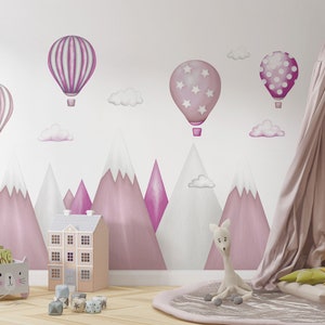 Sticker mural enfant montagnes, montgolfières, garçons, montagne, nuages, ballons, décoration de chambre de filles, art mural Pink color