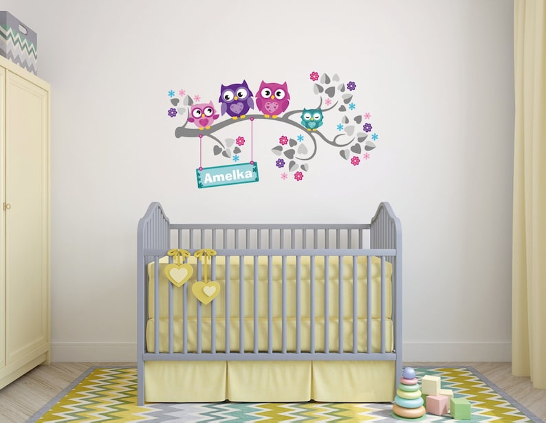 Jungle Animals Wall Decal Sticker Owl Owls personalized name Wall Decal WallDecal Decor Girls Nursery Room Decor Wall Art Trees Childroom