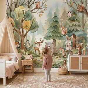 Woodland Animals Wallpaper - Peel and Stick Nursery Mural Forest Trees ...