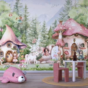 Wandbild Zauberhaftes Feenhaus Wunderlicher Wald Tapete Märchen Mädchen Kinderzimmer Wald Aquarell Bäume Tiere Schälen und Aufkleben Einhorn