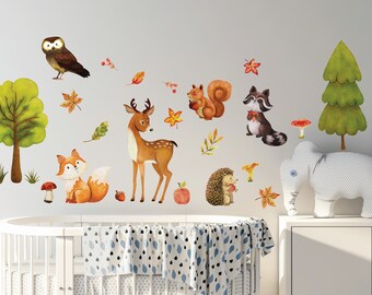 Wall stikers Woodland Animals WallDecal Decor, Girls Boys Nursery Room Decor Wall Art Trees Childroom Forest Kinder Baby Kids Room Decal