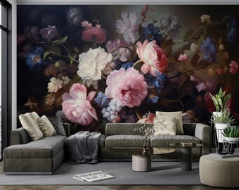 Wallpaper Vintage flower wallpaper Rose Self Adhesive Peony on black background floral baroque wall mural botanical Wall decor room