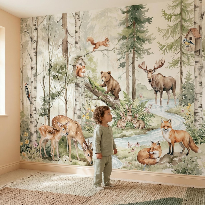 Woodland Animals Wallpaper - Peel and Stick Nursery Mural | Forest ...