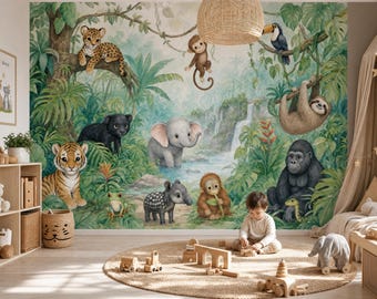 Jungle Animal Wallpaper Mural Kids Room Neutral Nursery Wall Decor Custom Peel and Stick