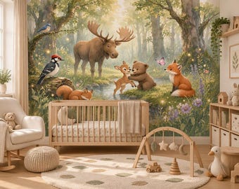Woodland Animals Wallpaper - Peel and Stick Nursery Mural | Forest Trees, Kids Wall Decor Watercolor Scandinavian custom made