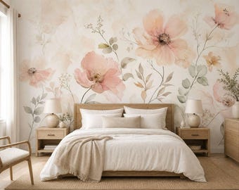 Floral Wallpaper, Watercolor Flower Mural, Botanical Bedroom Decor, Soft Neutral, Romantic Home  Custom Size Wallpaper Peel and stick