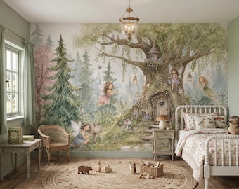 Fairies Enchanted Forest Wall Mural Magical Tree House Peel and Stick Wallpaper Girls Room