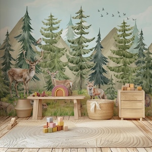 Papier peint animaux des bois, papier peint autocollant, décoration murale auto-adhésive pour enfants, sticker forêt décoration murale, papier peint forêt pour chambre d'enfant