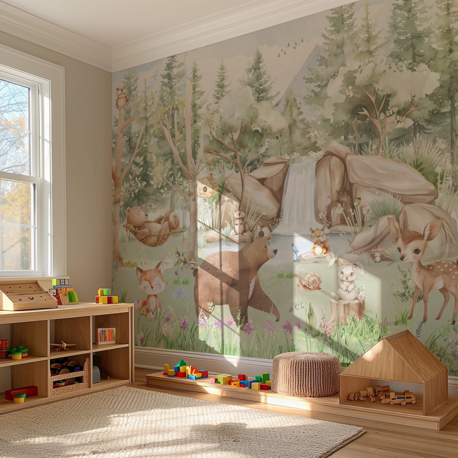 Forest Animals Nursery Wallpaper Woodland Wall Art Watercolor Trees