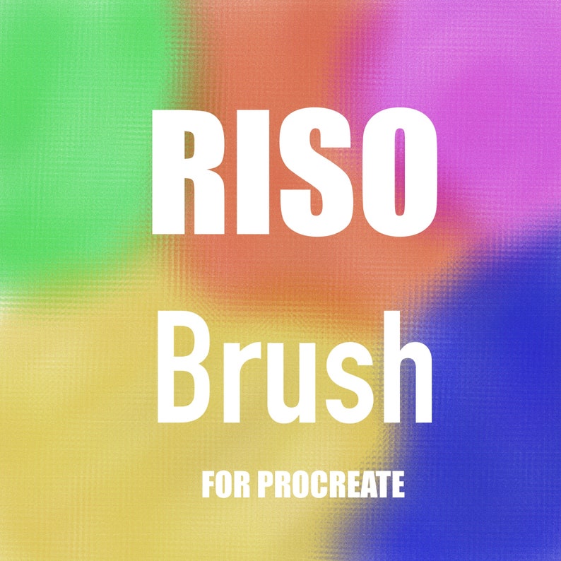Puede incluir: Un fondo abstracto colorido con el texto "RISO Brush FOR PROCREATE" en blanco.