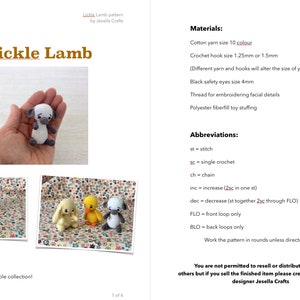 May include: A crochet pattern for making a small amigurumi lamb. The pattern includes instructions for making the lamb, as well as materials and abbreviations. The pattern is available in English and includes a photo of the finished product.