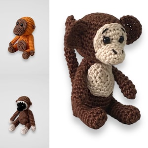 May include: Three crocheted monkey toys. One is brown with a cream-colored chest, one is orange, and one is brown with a black face.