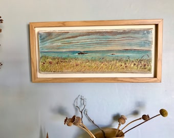 Cornish Coastal View, original art, Headland View, Crantock Bay, Cornwall, acrylics on reclaimed textured wood