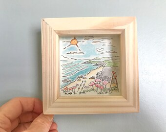 Cornish art original, watercolour, illustration, framed, miniature, Cornwall