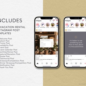Op de afbeelding: Een set van 20 Instagram-posttemplates voor vakantiewoningen. De templates bevatten een verscheidenheid aan ontwerpen, waaronder een quote-post met de tekst "Het is beter om iets &eacute;&eacute;n keer te zien dan er duizend keer over te horen." en een post met de tekst "Niet vergeten" en een lijst met dingen om te doen tijdens de vakantie.