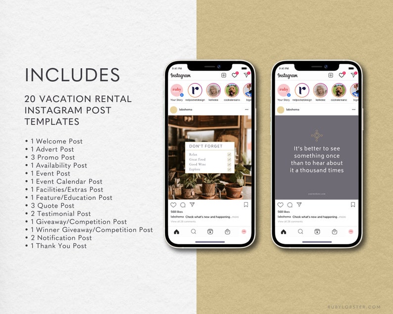 Op de afbeelding: Een set van 20 Instagram-posttemplates voor vakantiewoningen. De templates bevatten een verscheidenheid aan ontwerpen, waaronder een quote-post met de tekst "Het is beter om iets &eacute;&eacute;n keer te zien dan er duizend keer over te horen." en een post met de tekst "Niet vergeten" en een lijst met dingen om te doen tijdens de vakantie.