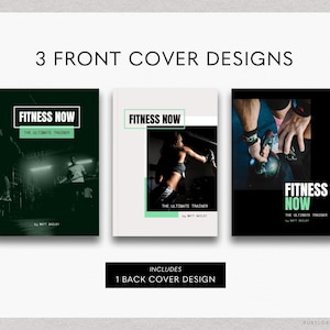 K&ouml;nnte beinhalten: Drei verschiedene Designs f&uuml;r die Vorderseite eines Fitnessbuchs mit dem Titel "Fitness Now: The Ultimate Trainer" von Matt Bailey. Die Cover sind in Schwarz und Gr&uuml;n gehalten und zeigen Bilder von trainierenden Menschen. Das Design der R&uuml;ckseite ist ebenfalls enthalten.