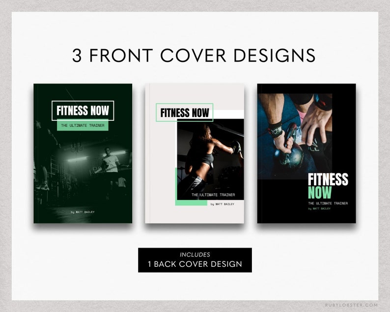 K&ouml;nnte beinhalten: Drei verschiedene Designs f&uuml;r die Vorderseite eines Fitnessbuchs mit dem Titel "Fitness Now: The Ultimate Trainer" von Matt Bailey. Die Cover sind in Schwarz und Gr&uuml;n gehalten und zeigen Bilder von trainierenden Menschen. Das Design der R&uuml;ckseite ist ebenfalls enthalten.